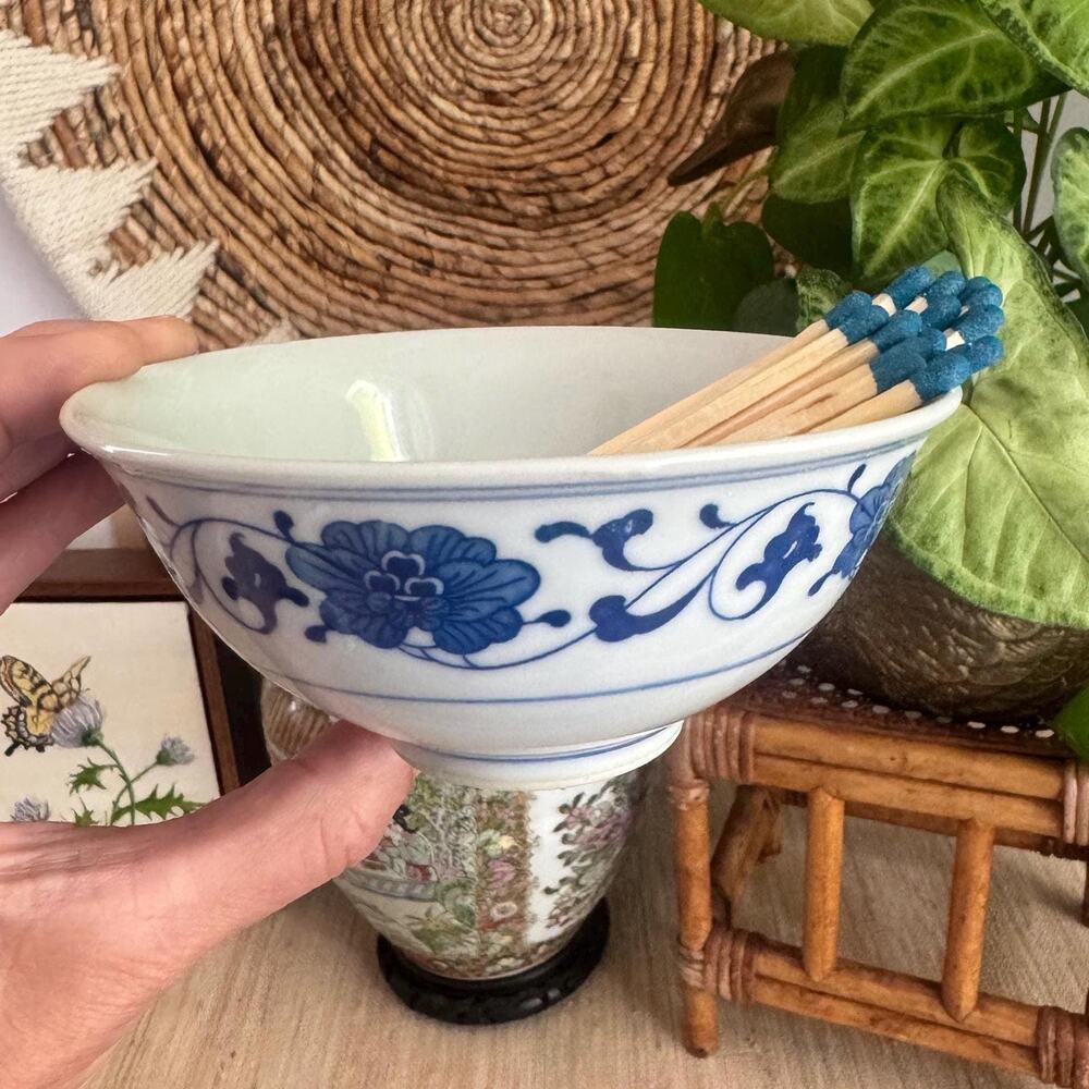 Vintage Chinoiserie Hand Painted Floral Lotus Trinket Dish, Vanity Bowl